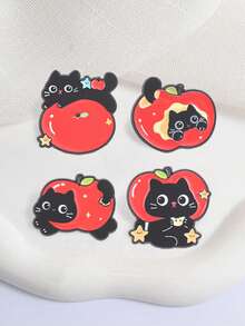 4pcs Cute Black Cat & Red Apple Enamel Brooch Set, Adorable Kitten Fruit Star Pins For Backpack, Straw Hat, Clothing Decoration Gift - Multicolor - View 5