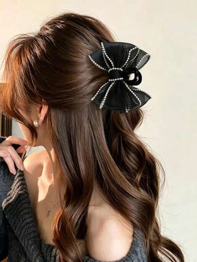 1PC Women's Solid Color Spring/Summer Mesh Pearl Double Layer Bow Hair Claw Clip, Elegant Sweet Fashion Campus Style, Suitable For Party, Prom, Party, Daily Wear