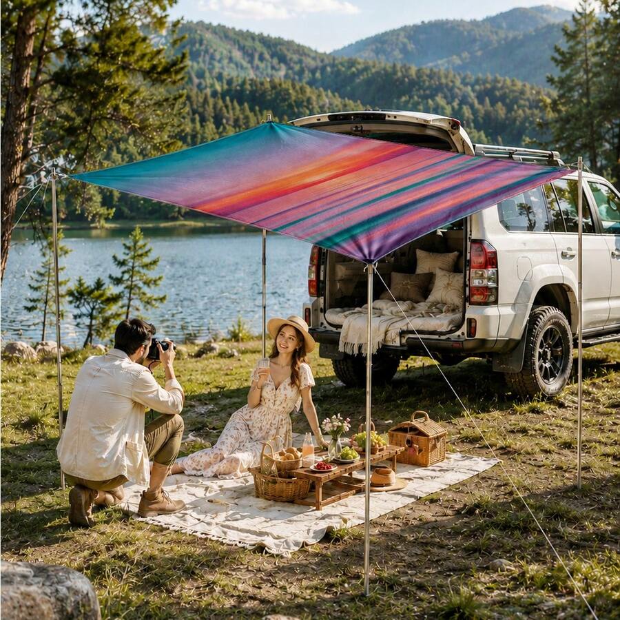 1pc Sunset Gradient Pattern Sun Shade Canopy, Modern Style, Colorful, Large Size, UV Protection, Sturdy And Durable, Easy Installation, Suitable For Beach, Garden, Patio, Includes Rope - Multicolor - View 1