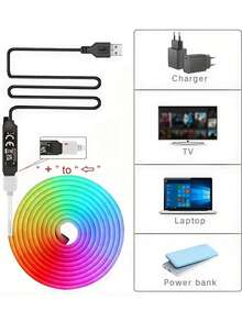 RGB 霓虹燈條 LED 燈條 矽膠繩燈 USB 供電可彎曲燈條，配備 44 鍵遙控器，適用於遊戲室派對、牆面、天花板、居家房間、花園、聖誕節、派對、電視/電腦背光裝飾、家居裝飾、節日裝飾、派對裝飾、生日裝飾、萬聖節裝飾 - 彩色光 - 查看 10