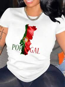 Camiseta de Mujer con Bandera de Portugal - Camiseta Casual de Manga Corta con Cuello Redondo y Tela de Elasticidad Media, Adecuada para un Ajuste Cómodo en Todas las Temporadas - Blanco - Ver 1
