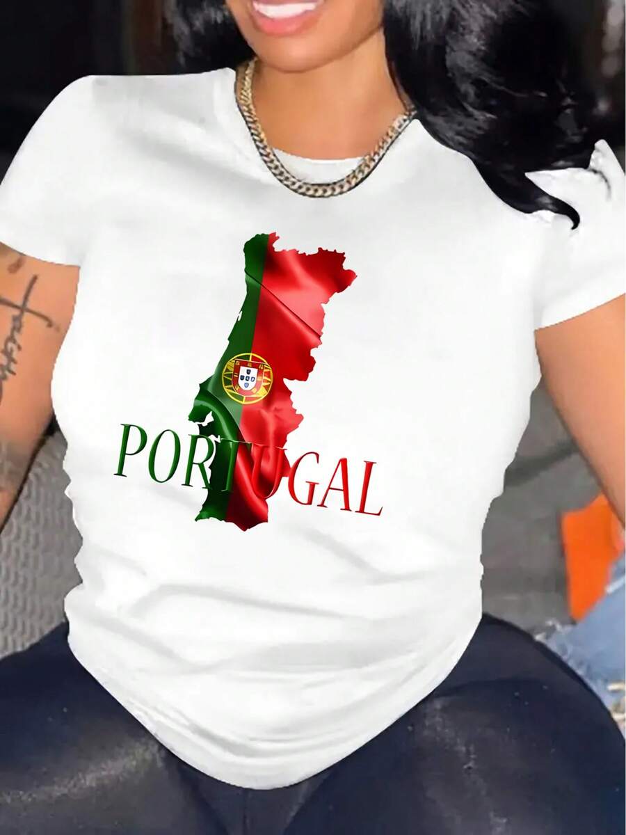 Camiseta de Mujer con Bandera de Portugal - Camiseta Casual de Manga Corta con Cuello Redondo y Tela de Elasticidad Media, Adecuada para un Ajuste Cómodo en Todas las Temporadas - Blanco - Ver 1