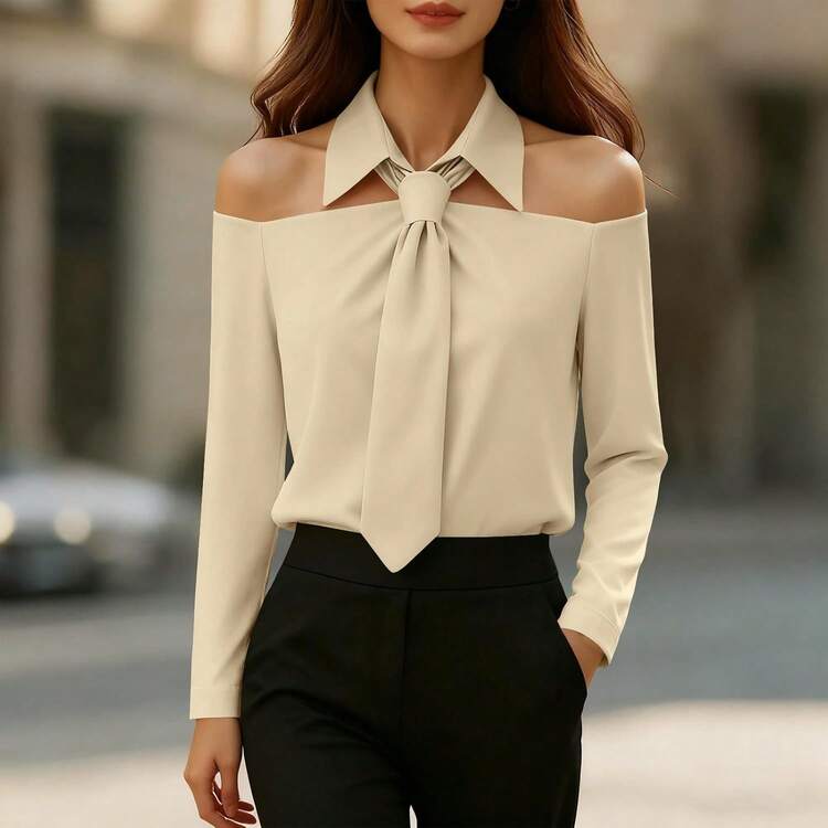 Oplxuo - Blusa elegante de manga larga para mujer con cuello y hombros descubiertos - Negro - Añade 9