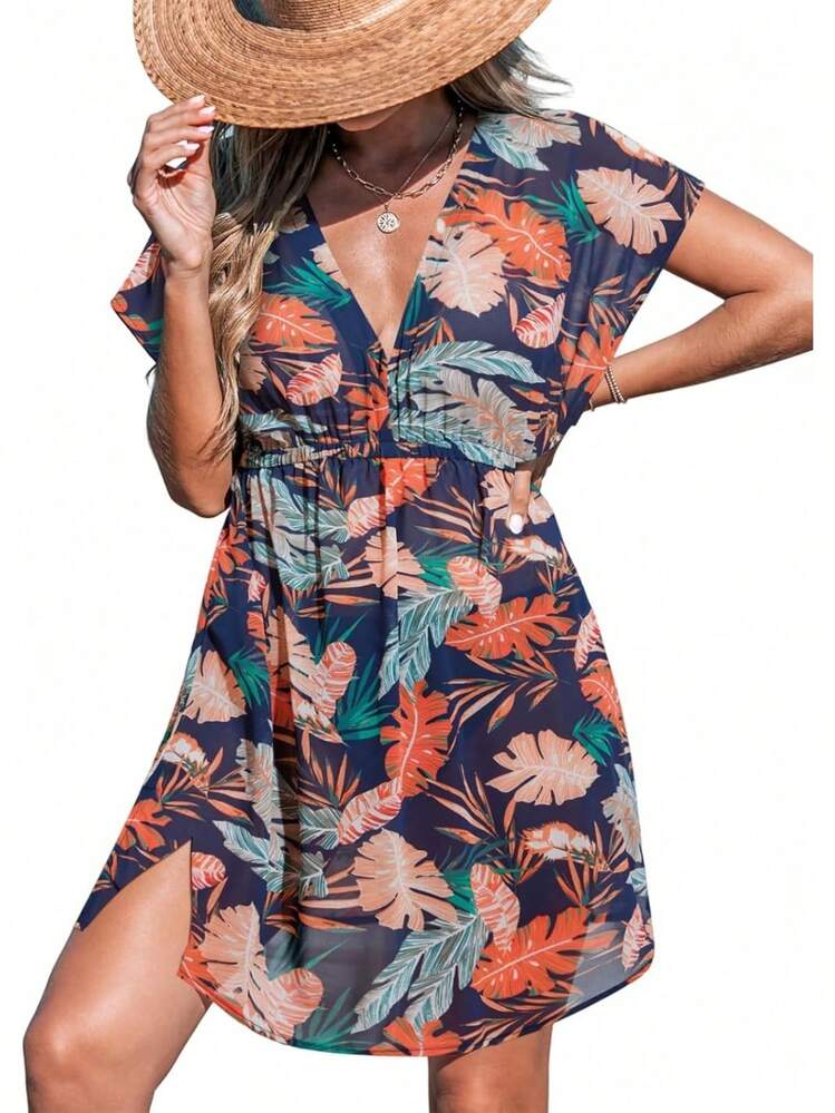 - Vestido corto de playa con cuello en V a rayas y cintura elástica para mujer - Turquesa - Añade 13