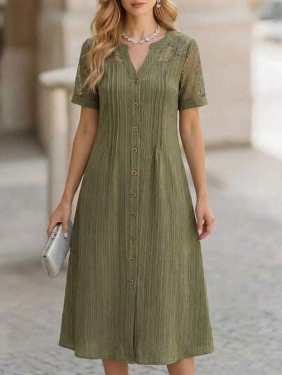 yonghongmaoyi1 Vestido casual de mujer de longitud media con cuello en V y parches de encaje, vestidos de verano para mujer, último estilo d - verde aguacate - Ver 1