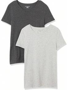 Camiseta de manga corta con cuello redondo de corte clásico  Essentials para mujer - Avena Mezcla/Verde Oliva - Ver 16