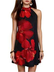 - Vestido corto sin mangas con estampado floral para mujer, cuello halter, línea A - rosado y anaranjado - Ver 33
