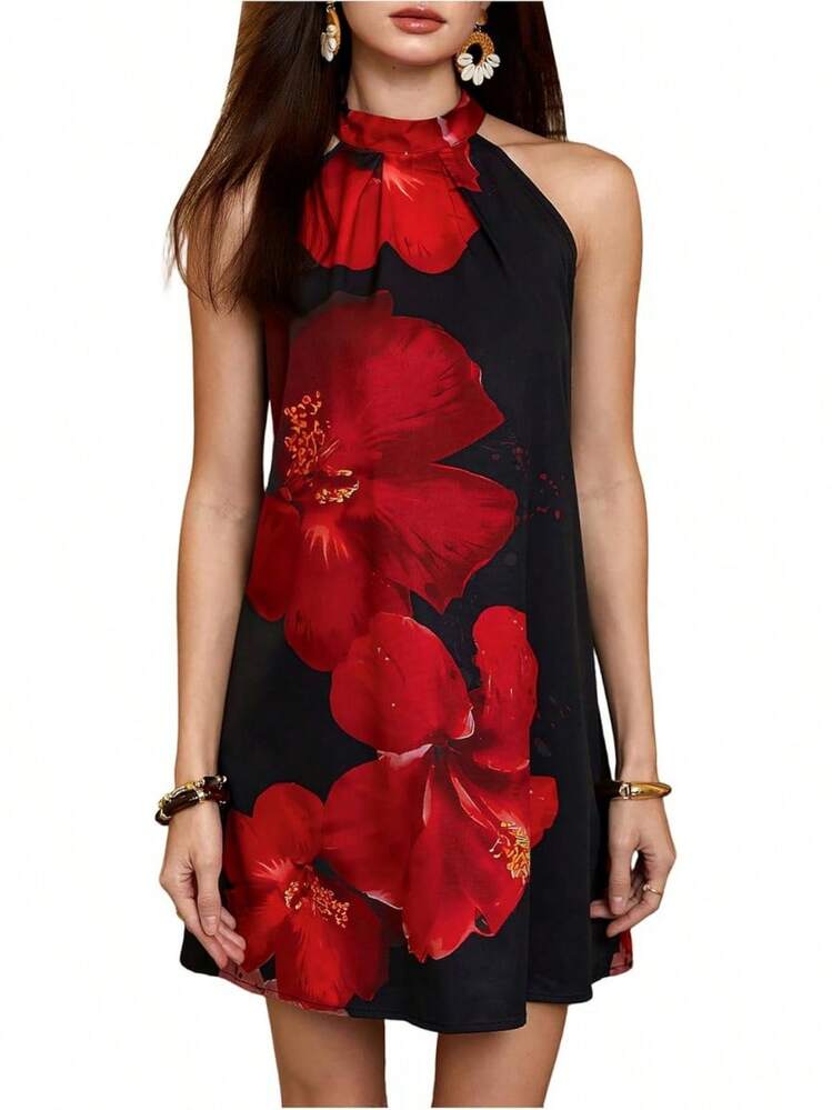 - Vestido corto sin mangas con estampado floral para mujer, cuello halter, línea A - rosado y anaranjado - Añade 33