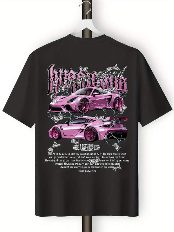 Men'S Pink Sports Car, Banknotes And Lightning  Pattern Print  T-Shirt