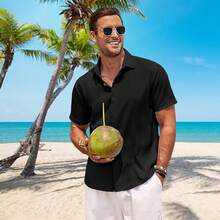 Camisas De Manga Corta con Botones para Hombre,Hombre Camisa Casual Manga Corta con Botones Ocultos,Adecuada para Playa,Trabajo,Cita. - Negro - Ver 3