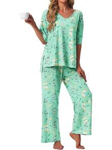 PrinStory - Conjunto de pijama de manga corta para mujer, conjunto de pijama de 2 piezas para mujer, cómodo ropa de descanso con bolsillos - Azul marino - Ver 14