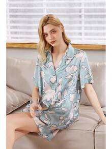 YiNi LuLu - Conjunto de pijama de satén de seda para mujer, 2 piezas, pijama de manga corta, de gran tamaño, con bolsillos - Amarillo (Crisantemo amarillo) - Ver 5