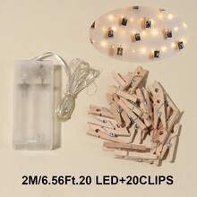1pc 1-10m LED Copper Wire String Lights With Wooden Photo Clips, 10 Clips Per Meter (±2-3 Clips Error), Hanging Photo Cards Fairy Lights, Photo Wall Decoration Lights, Bedroom Atmosphere Decorative Light String, Suitable For Girls' Room Birthday Party Anniversary Home Decor - 銅色線 - 查看 15