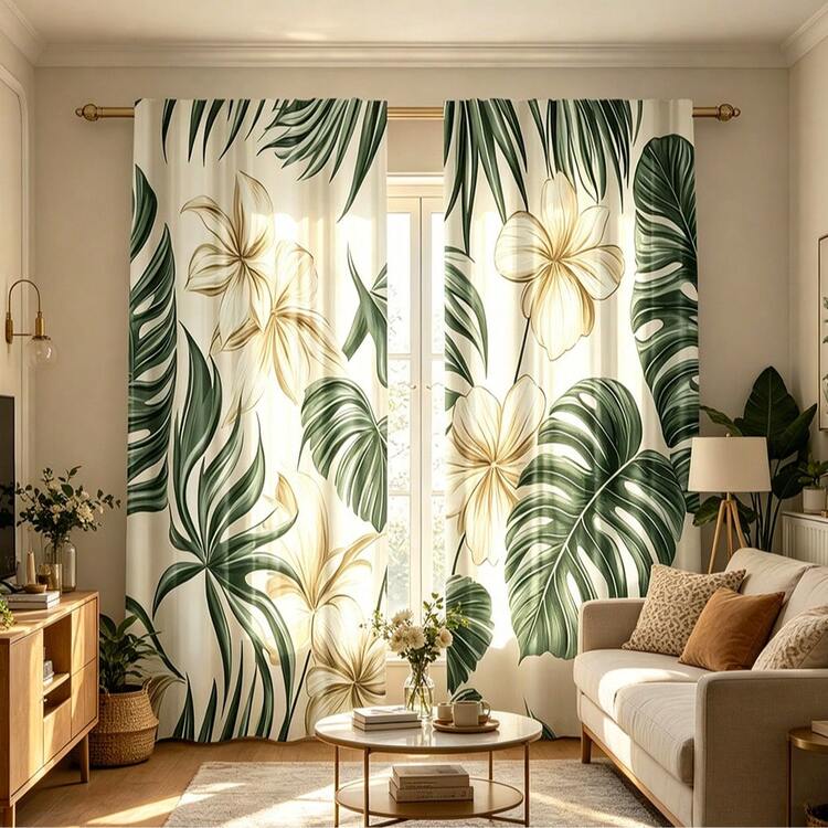 2pcs Summer Plant Curtains, Tropical Palm Tree & Green Coconut Tree Pattern, Rod Pocket Design, Privacy Protection, Polyester Material, Suitable For Bedroom And Living Room Decoration (Curtain Rod Not Included), 2D Flat Print - Multicolor - View 8