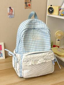 Gingham Spliced Mini Polka Dot Backpack With Lace Ruffle Trim And Side Bow, Lightweight College Student Backpack For Daily Commute & Back-To-School - Multicolor - View 18