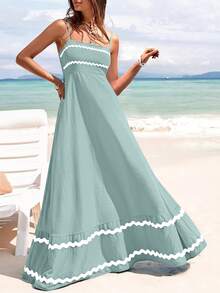PRETTYGARDEN Women's Summer Flowy Maxi Dress Vestidos Casual Sleeveless Strap Ruffle Wedding Guest Graduation Beach Party Travel Vacation Long White Dresses - 豆綠色 - 查看 1