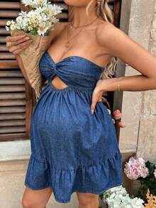 Vestido tubo vaquero de maternidad con abertura retorcida en el busto, apto todo el año, para primavera/verano, vacaciones, vestidos de verano - Azul - Ver 7