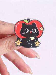 4pcs Cute Black Cat & Red Apple Enamel Brooch Set, Adorable Kitten Fruit Star Pins For Backpack, Straw Hat, Clothing Decoration Gift - Multicolor - View 7