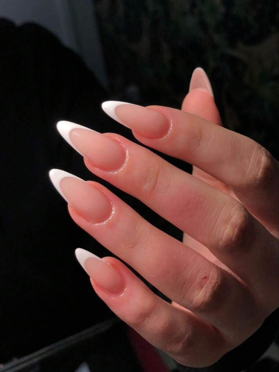 Minimalism Style 24pcs Short Almond White Edge French Press-On Nails, Fake Nail Tips, Nail Stickers, Manicure Set Suitable For Daily Wear, Dating, Afternoon Tea, Outings