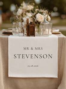 Customized Linen Wedding Table Runner, Newlywed Sweet Table Exclusive Sign, Elegant Ceremony Decor - Multicolor - View 2