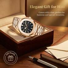 CTPOR 1pc Men's Rose Gold Stainless Steel Band Fashion Waterproof Calendar Luminous Hour & Minute Hands Square Quartz Watch, Birthday Or Holiday Gift - Multicolor - View 8