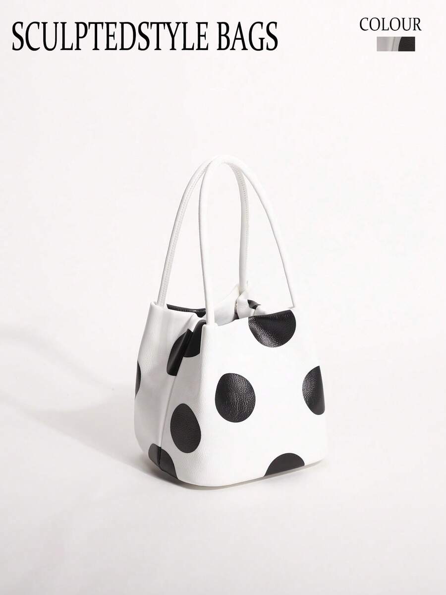 SCULPTEDSTYLE BAGS 1件裝高級高光油皮質感黑白對比大波點手提水桶包,百搭女款波點手提翼形包,時尚極簡優雅多功能經典波點PU材質多風格包,適合通勤、辦公、約會、日常購物、下午茶等場合 - 白色 - 查看 1