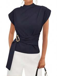 - Blusas de primavera para mujer, con cuello falso, para trabajo, con hebilla, para verano, negocios, casual, 2026 - Negro - Ver 18