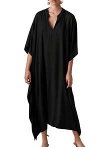 Bsubseach Mujer Vestido de Verano Kaftán para Playa de Seda Cuello en V Manga de Murciélago - Azul pavo real B - Ver 11