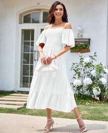 COLIZAMX Vestido Largo para Mujer Dress Casual con Cuello Cuadrado de Manga Corta para Playa Trabajo Fiesta - Blanco - Ver 3