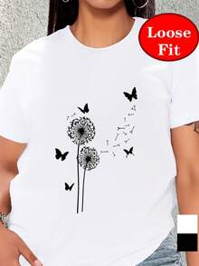 Camiseta de manga corta con cuello redondo y estampado de diente de león y mariposa, top casual de primavera/verano, ropa de mujer de talla grande. - Negro - Ver 9