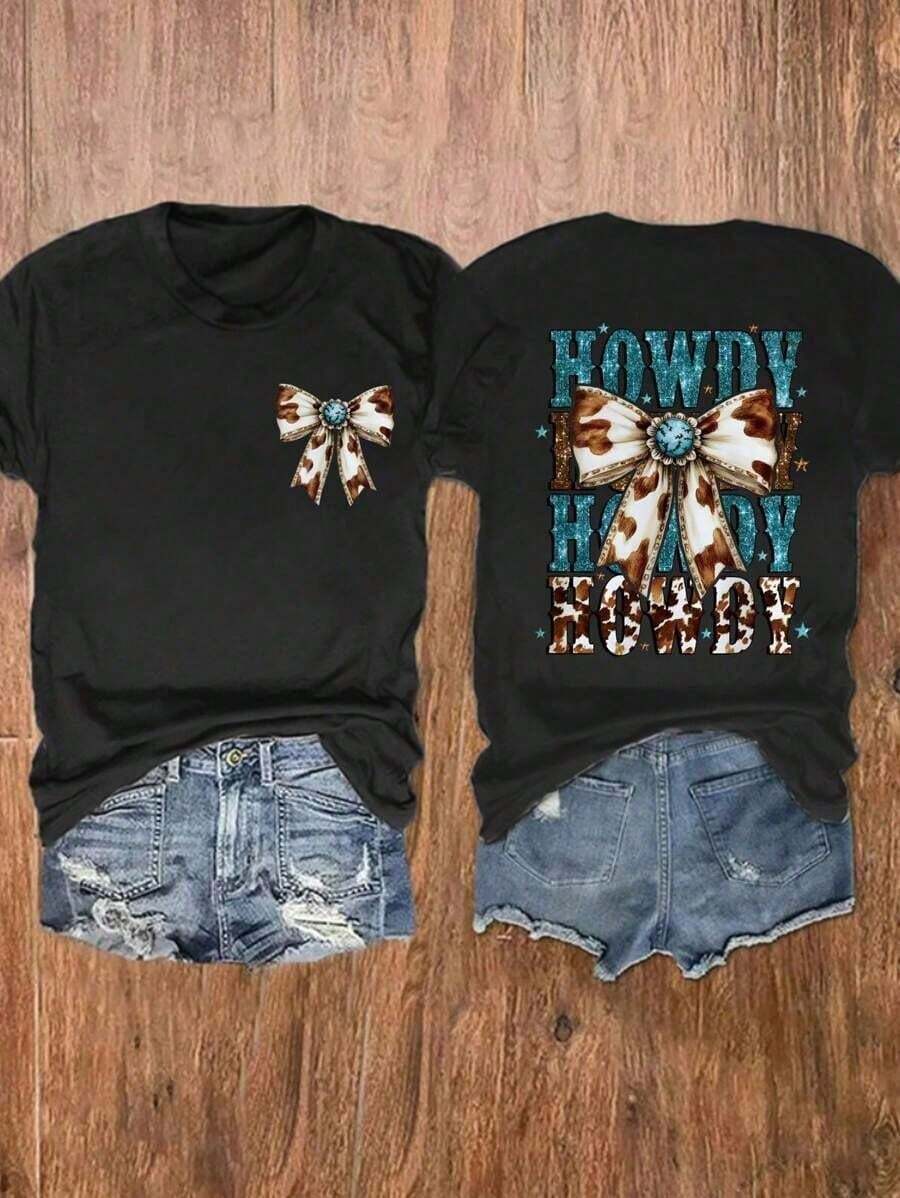 1 Piece Women's Western Top, Short Sleeve Crew Neck Turquoise Bow Print Top, Gift For Mom, Western Cowboy Style, Country Outfit, Cowgirl T-Shirt - 黑色 - 查看 1