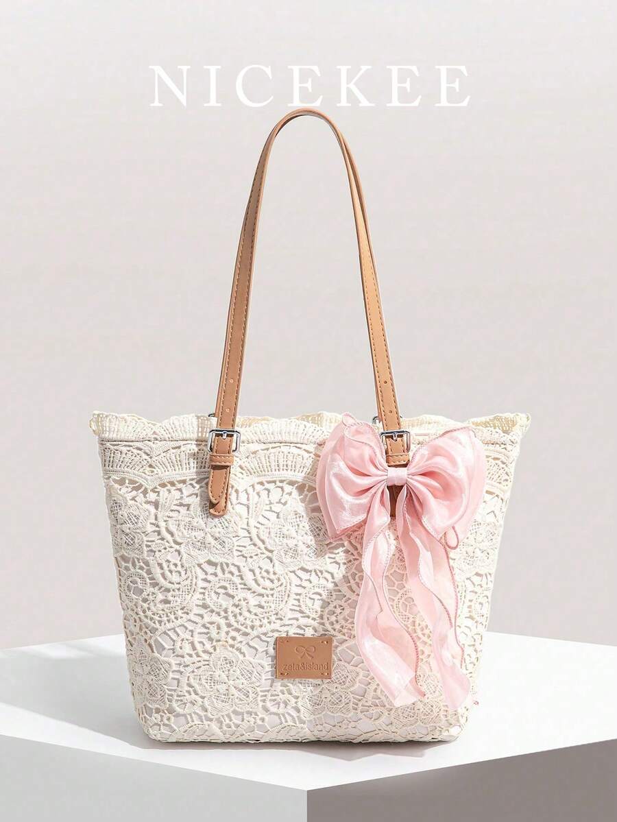 Bolso tote de encaje calado gran capacidad asa de piel regulable lazo de encaje desmontable varios colores mujer diario playa viaje vacaciones regalo - Camel - Ver 1