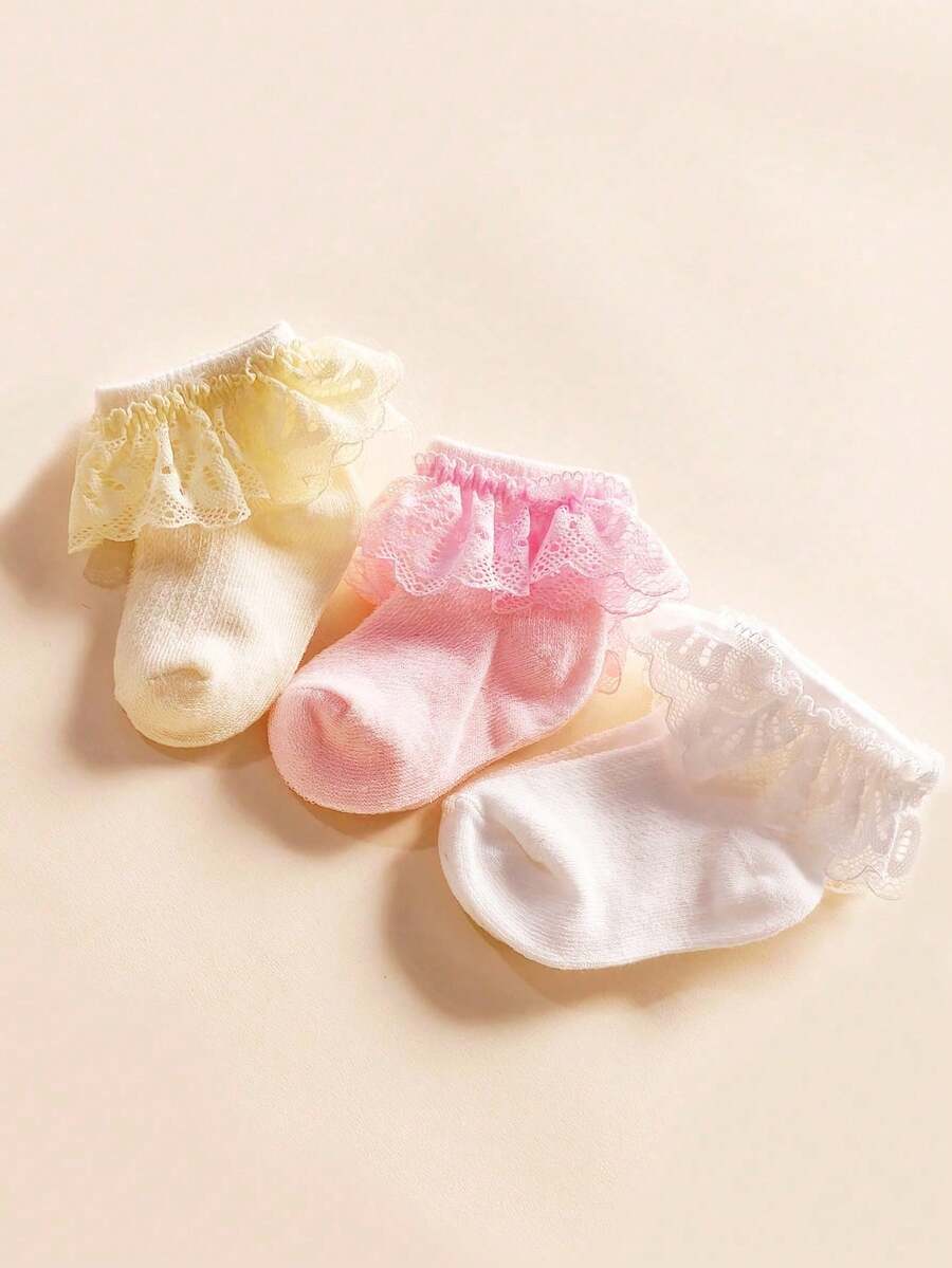 3雙嬰兒襪 夏季薄網透氣公主襪,適用新生女嬰,兒童蕾絲飾邊不勒腳襪,多款可選 - 彩色 - 查看 1