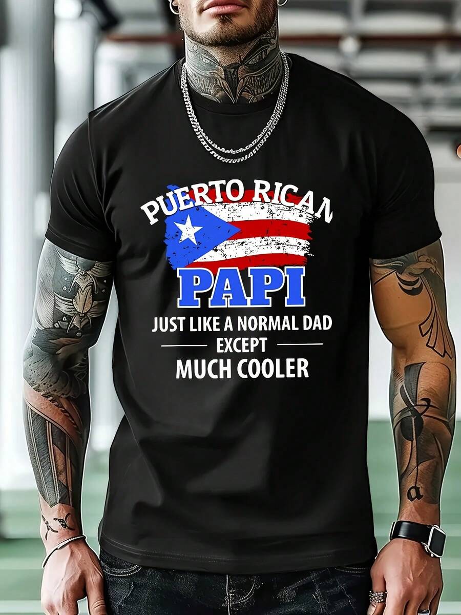 Camiseta con Diseño de Bandera Boricua Cuello Redondo Básica Streetwear Casual Estilo Urbano Retro Urbana Y2K - Negro - Ver 1