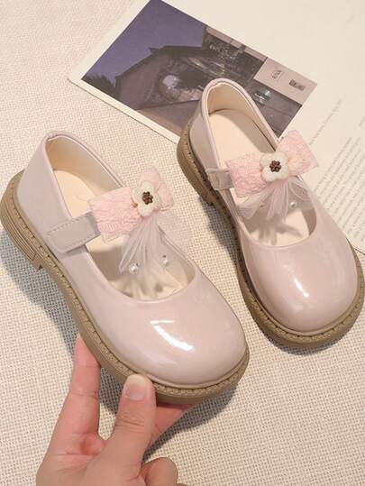 Light Pink Shiny Mesh Flower Bow Mary Jane Shoes For Girls, Soft Sole Anti-Slip Thick Sole Flat Shoes With Hook And Loop, Low Vamp Princess Shoes, Versatile Pearl Gentle Style For Kindergarten Performance, Baby Leather Shoes