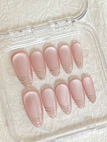10 Peças Unhas Postiças Minimalistas Diárias Feitas à Mão, Design de Linha Olho de Gato Blush Francês, Adesivos de Unhas Versáteis e Etéreos que Iluminam a Pele, Adequados como Presentes para Amigos ou Uso em Festas, Suprimentos de Arte de Unhas de Aplicação Instantânea