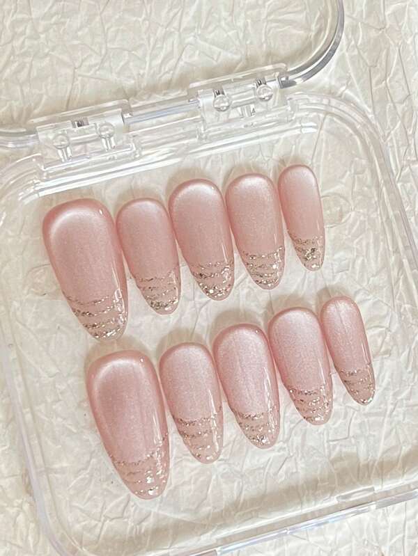 10PCS Minimalist Daily Handmade Press-On Nails, French Blush Cat Eye Line Design, Versatile Ethereal Skin-Brightening Nail Stickers, Suitable As Gifts For Friends Or Party Wear, Instant Application Nail Art Supplies
