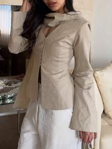 女款優雅時尚通勤修身圍巾襯衫(附肩墊)純色日常約會春秋冬款 - 杏色 - 查看 3