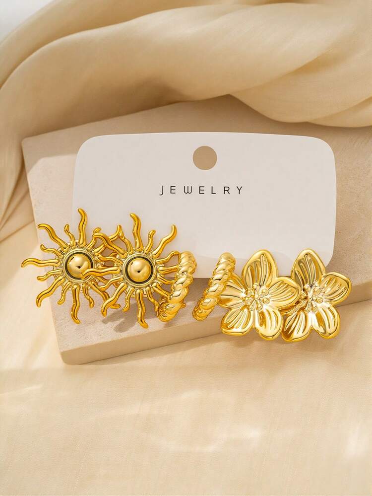 2-18pcs New Women's Fashion Elegant Floral Geometric Multi- Metallic Earrings Set, Lightweight CCB Material, Non-Fading, Suitable For Daily, Holiday, Vacation Wear - Gold - View 8