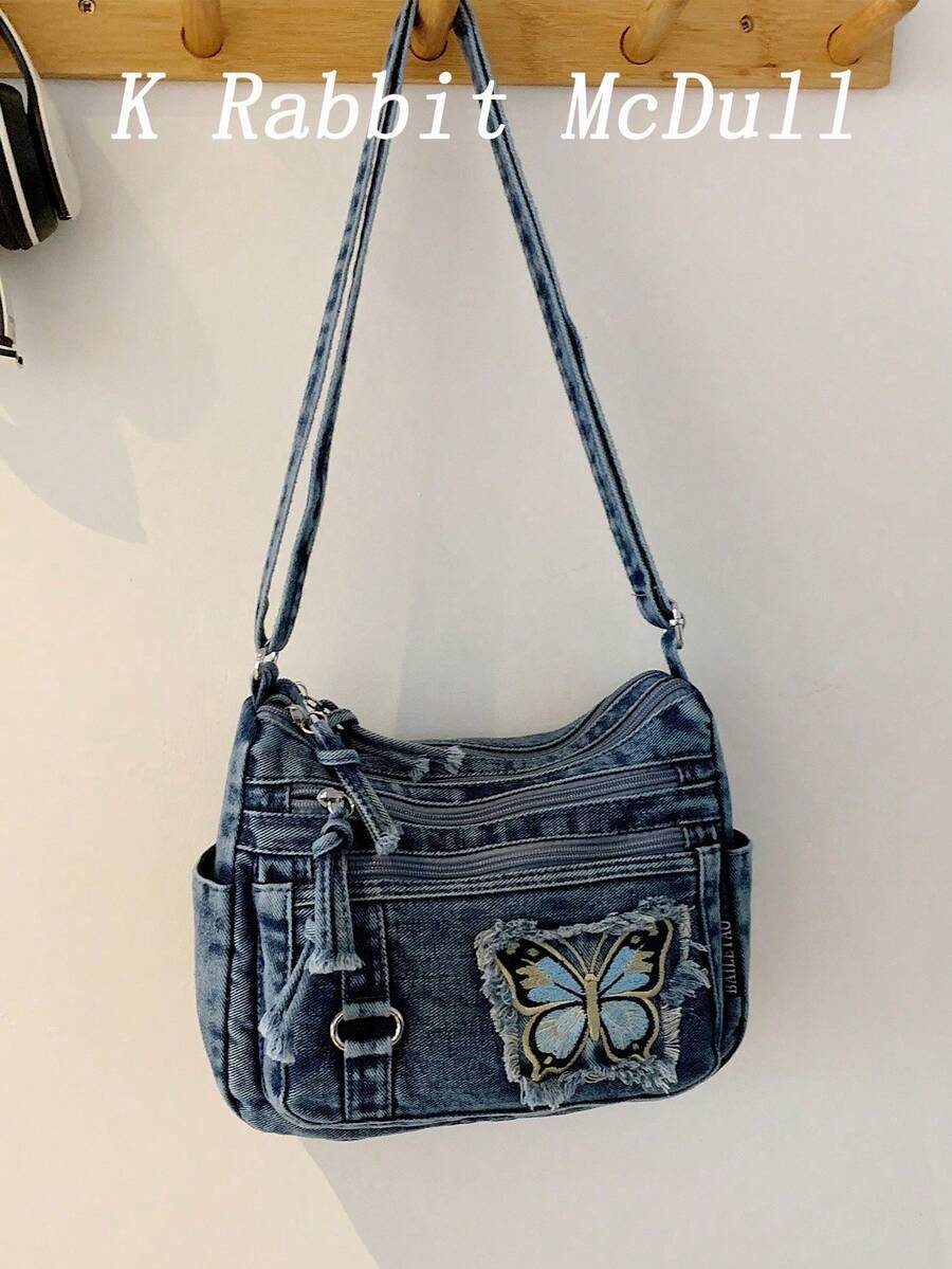 Nuevo bolso bandolera casual chic de mezclilla suave multicapa conúltiples bolsillos, versátil, adecuado para trabajo, compras y viajes. - Rojo - Ver 1