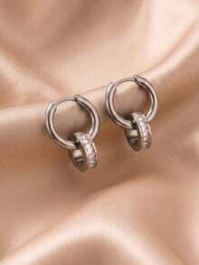 1 Pair Minimalist Rhinestone Decor Double Circle Hoop Earrings Stainless Steel 18K Gold Plated For Women Daily Wear Geometric Drop Earrings - Rings - View 4