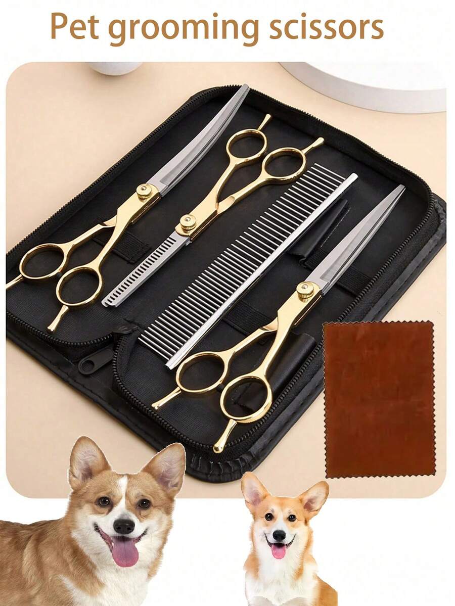 7" Professional Stainless Steel Pet Grooming Scissors Set, Includes Thinning, Curved And Straight Scissors, Gold Color, Ambidextrous, For Dog, Rabbit And Small Pet Hair Trimming - Multicolor - View 1