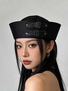1件女款Y2K黑色皮革扣環水手帽，鏈條裝飾，百搭甜美船長帽，禮物，萬聖節Cosplay，海灘拍照用 - 彩色 - 查看 1