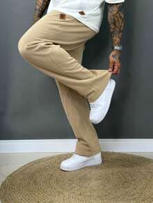 Men's Oversized Baggy Straight Leg Sweatpants With Fleece Lining - Beige - View 2
