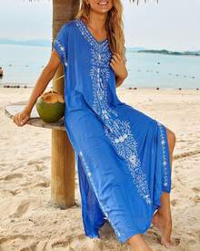 Bsubseach Vestido Largo de Playa de Manga Corta con Cuello en V Cubre Bikini para Mujer Bordado - Verde - Ver 2