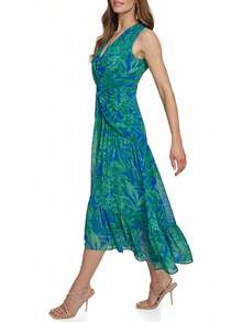 DKNY - Vestido de Manga Corta abombada hasta la Rodilla con Cierre Trasera expuesta - Verano/Verde hierba multicolor - Ver 3