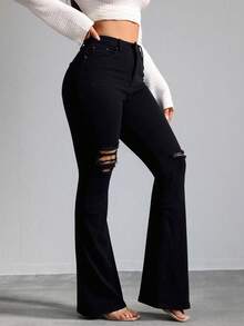 Pantalones campana largos hasta el suelo de cintura alta con roturas unilaterales en las rodillas, alta elasticidad ajustado disponible en múltiples tonos caída fluida retro - Negro - Ver 3