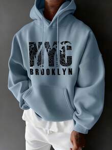 男士休閒街頭風春秋款 NYC 口號印花口袋抽繩連帽衛衣 - 淺藍色 - 查看 1