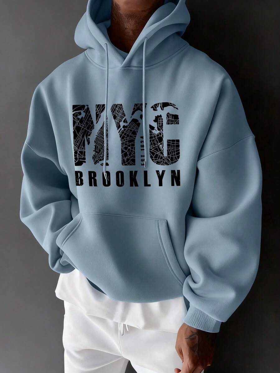 男士休閒街頭風春秋款 NYC 口號印花口袋抽繩連帽衛衣 - 淺藍色 - 查看 1