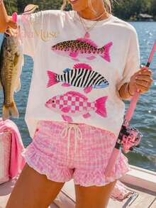 Women's Oversized "Leopard Zebra Checkered Fish" Print T-Shirt, Boho Lake Fishing Summer Aesthetic, Summer, Concert, Graduation, Vacation - Apricot - View 1